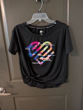 Justice Black Tee with Multicolor Striped Heart